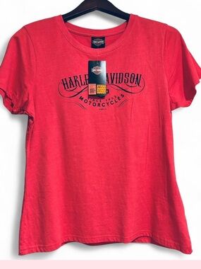 NWT Harley Davidson Red Graphic Tee with Black Rhinestones Large